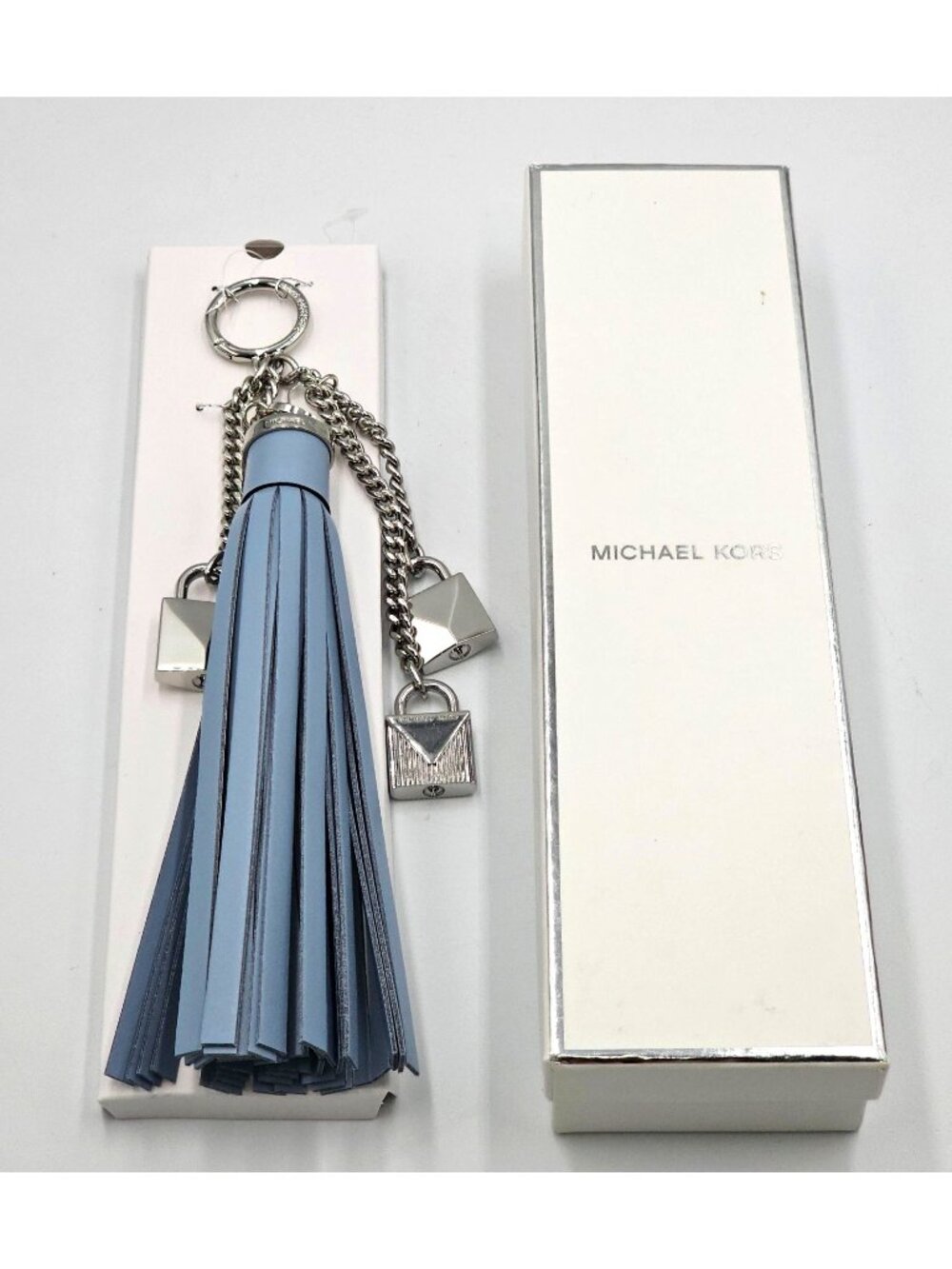 NWB Michael Kors Mercer Lock Tassel Key Charm Leather Pale Blue 2857